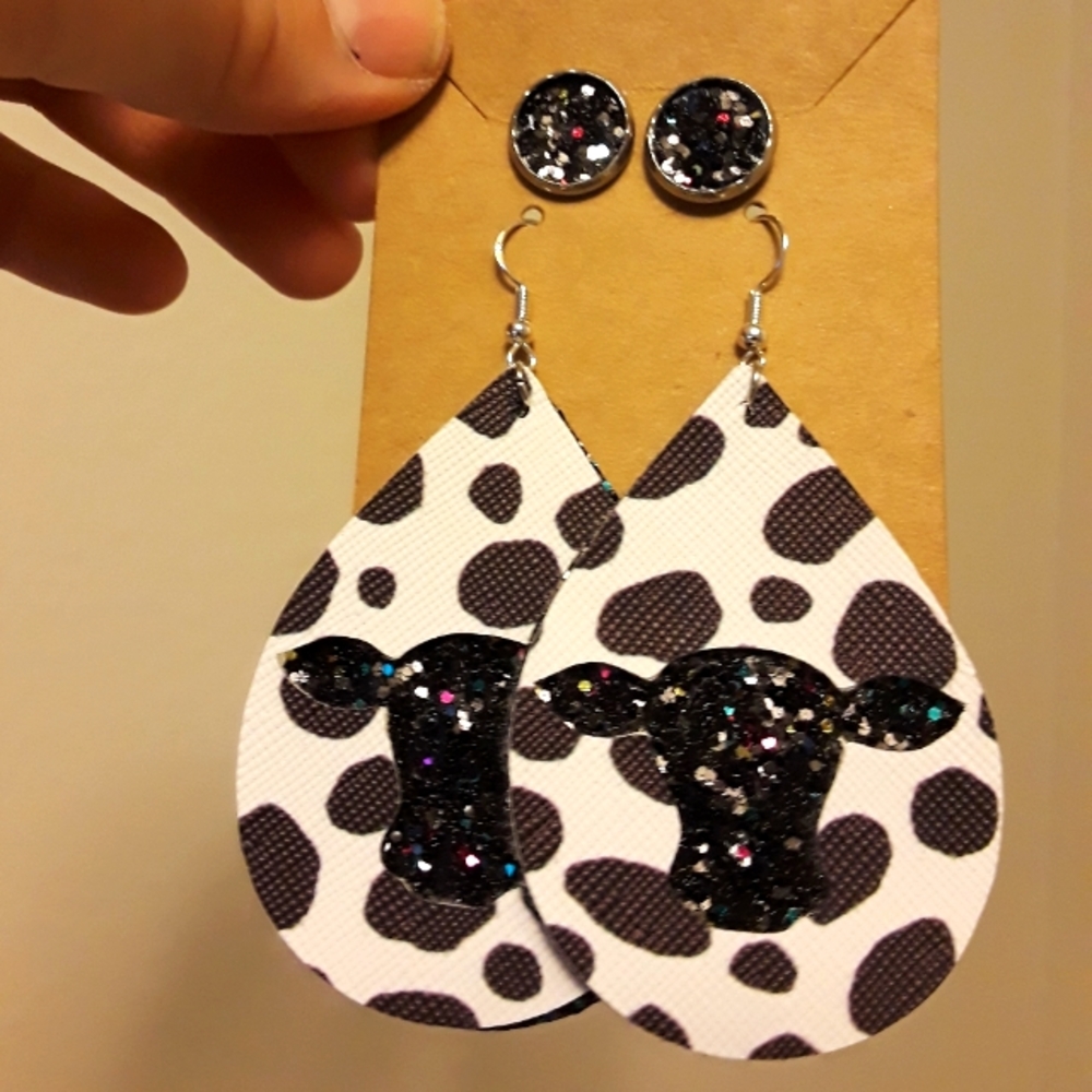 Cow head teardrop dangle earrings and studs